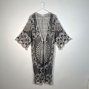 ASHA Vintage Sheer Embroidered Boho Kimono Cover Up Black And White 100% Cotton
